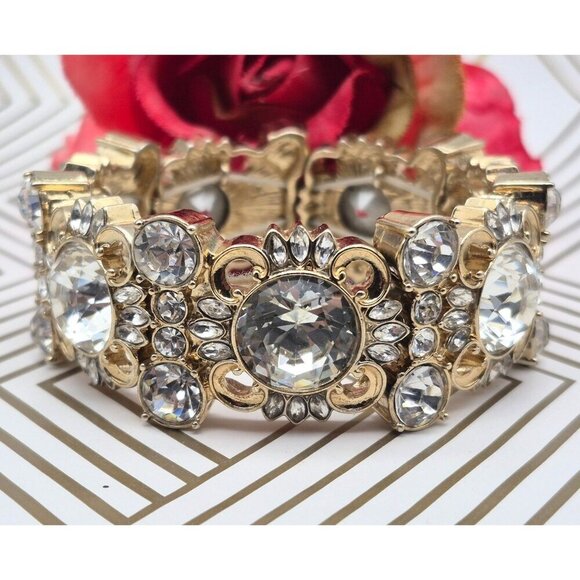 Ann Taylor Gold Tone Chunky Statement Crystal Stretch Bracelet Formal Wide - Picture 1 of 7
